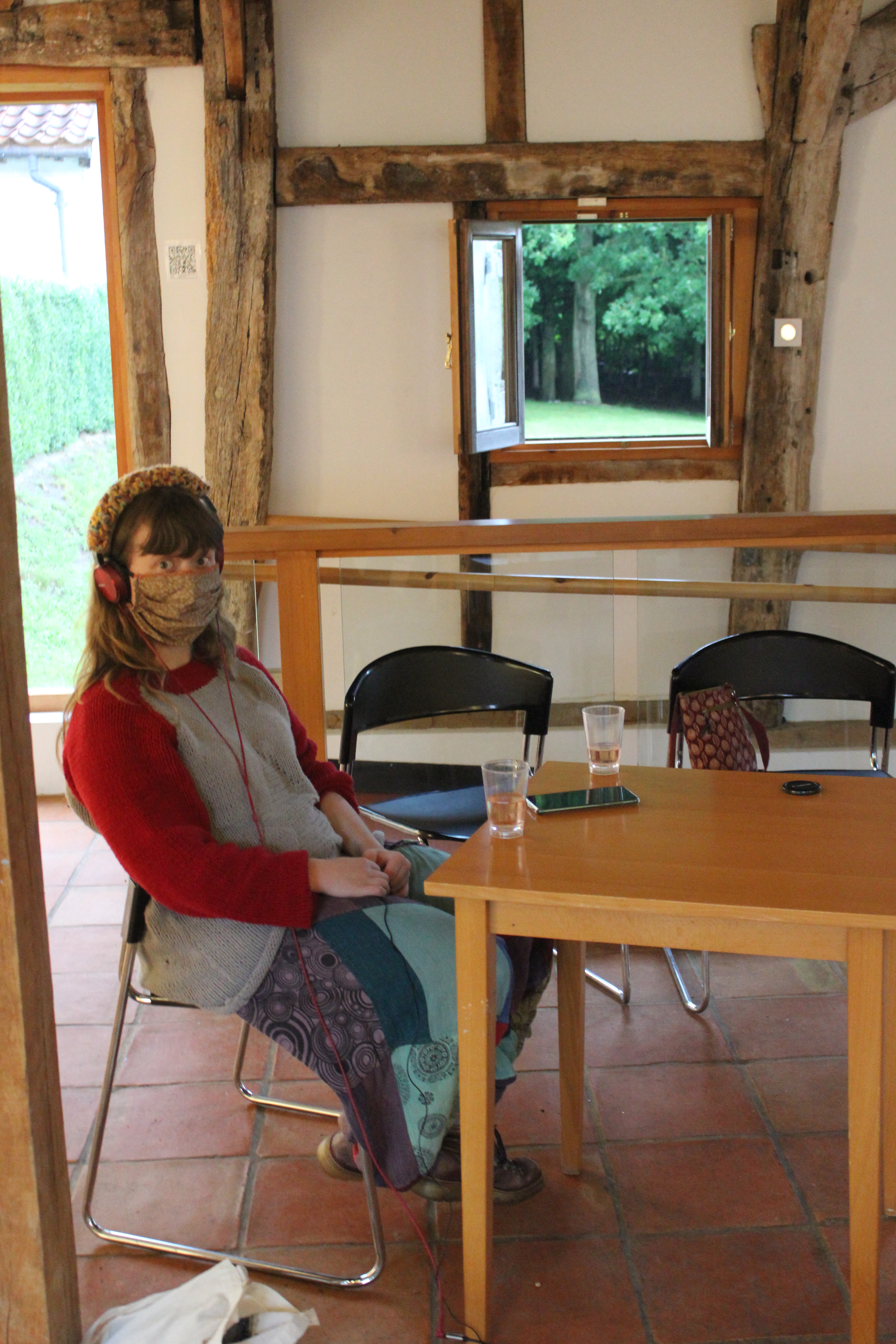 Photograph of Megan recording during COVID-19 at Wingfield Barns.