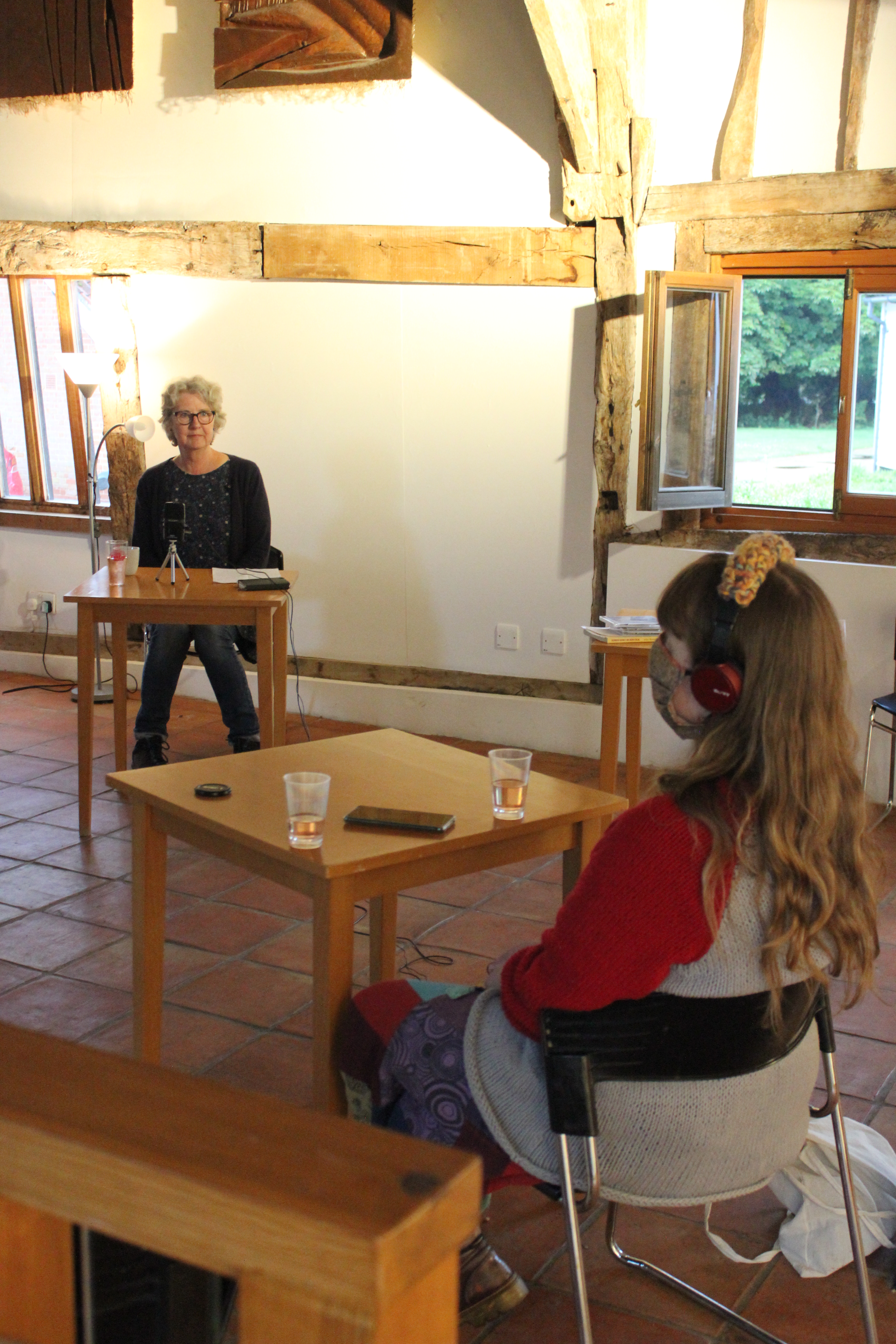 Photograph of Megan and Judy recording at Wingfield Barns during COVID-19.